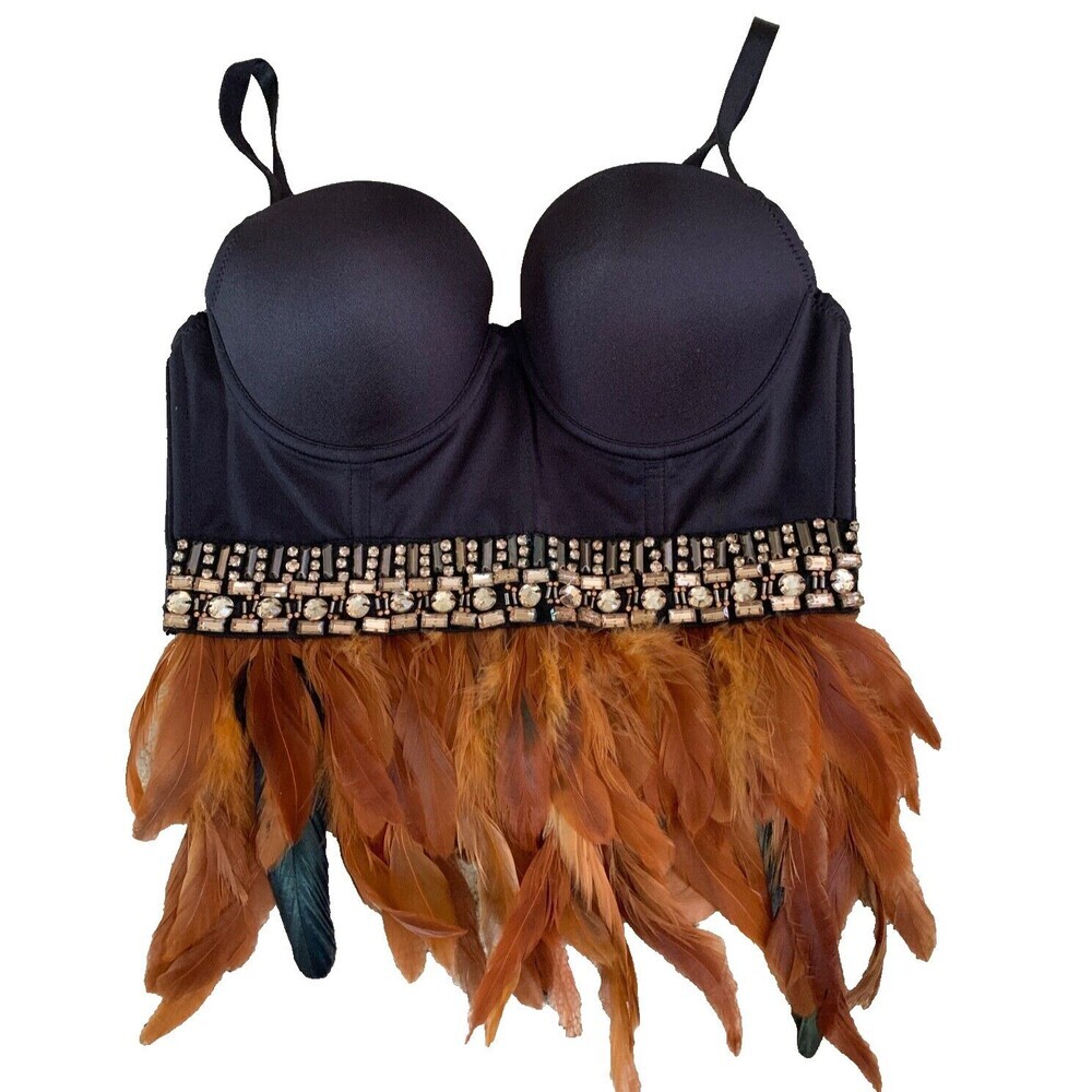 Bebe Aubrey Feathers Jeweled Bustier Bra Top Brown Boho Festival Women’s Size XS
